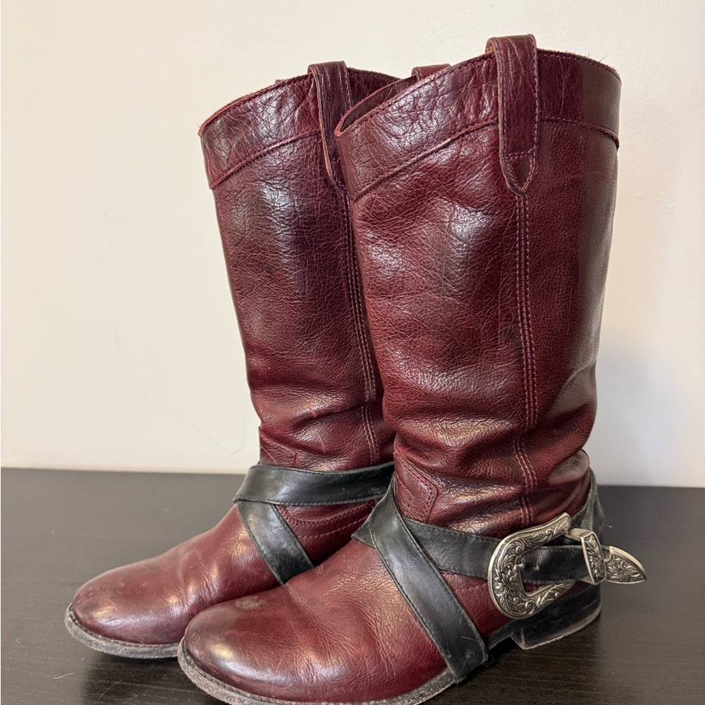 Frye Burgundy Leather Boots with Black Straps